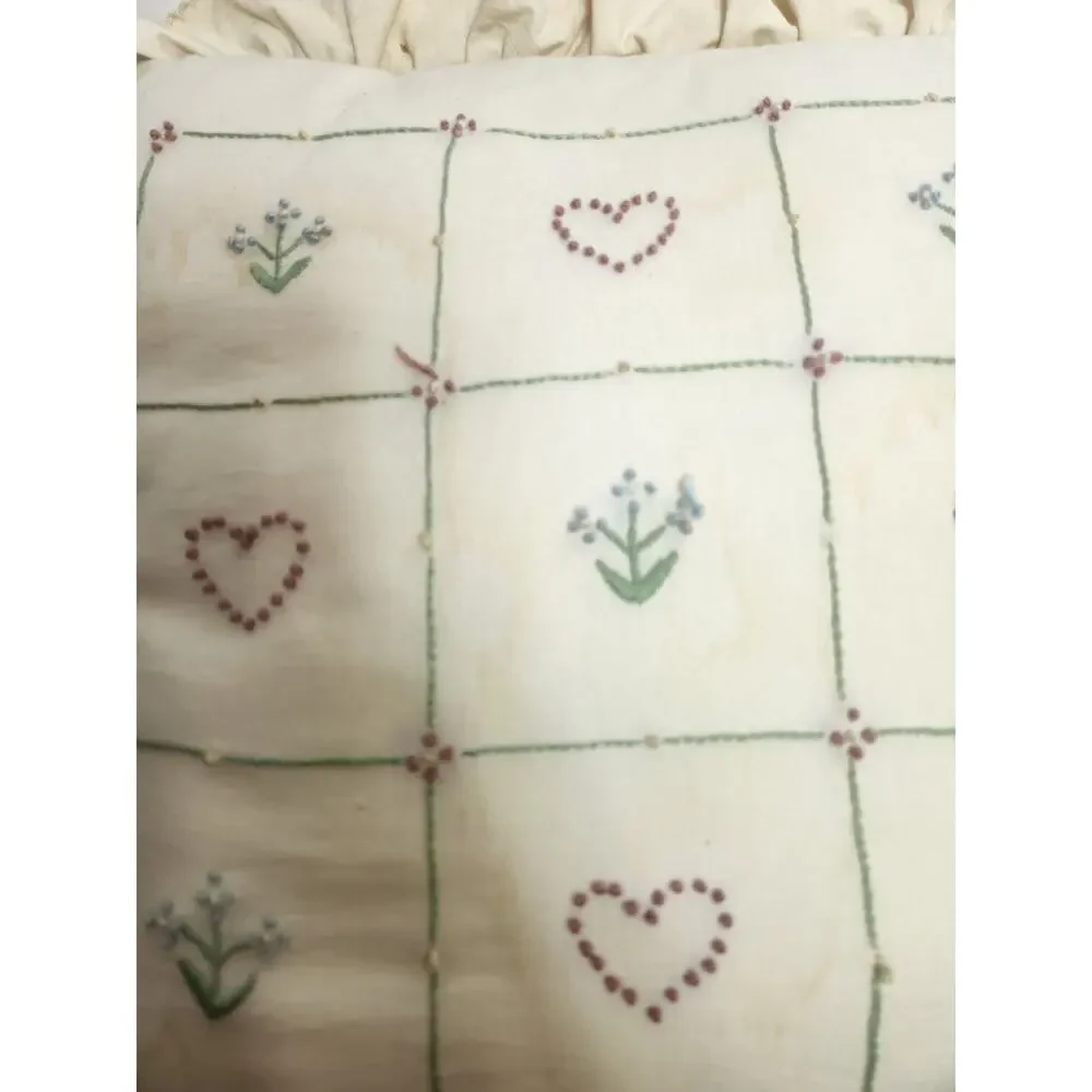 Vintage Handmade Embroidered Cottagecore Ruffle Throw Pillow Hearts & Blue...